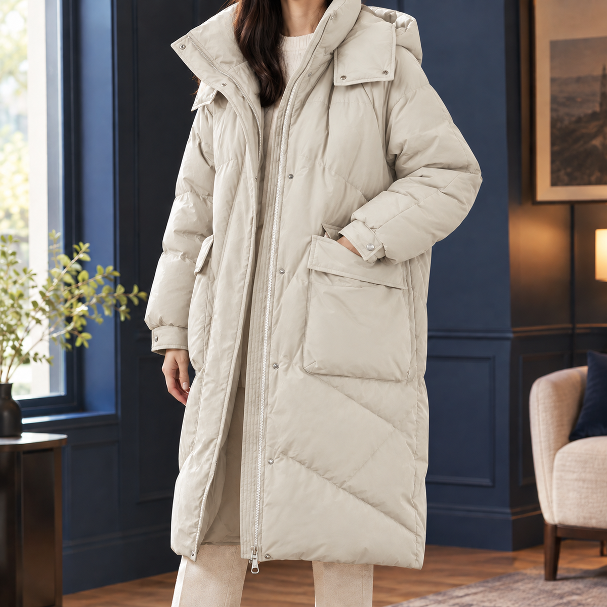 Quilted Jacket Polyester Longline with Hooded Collar and Flap Pockets