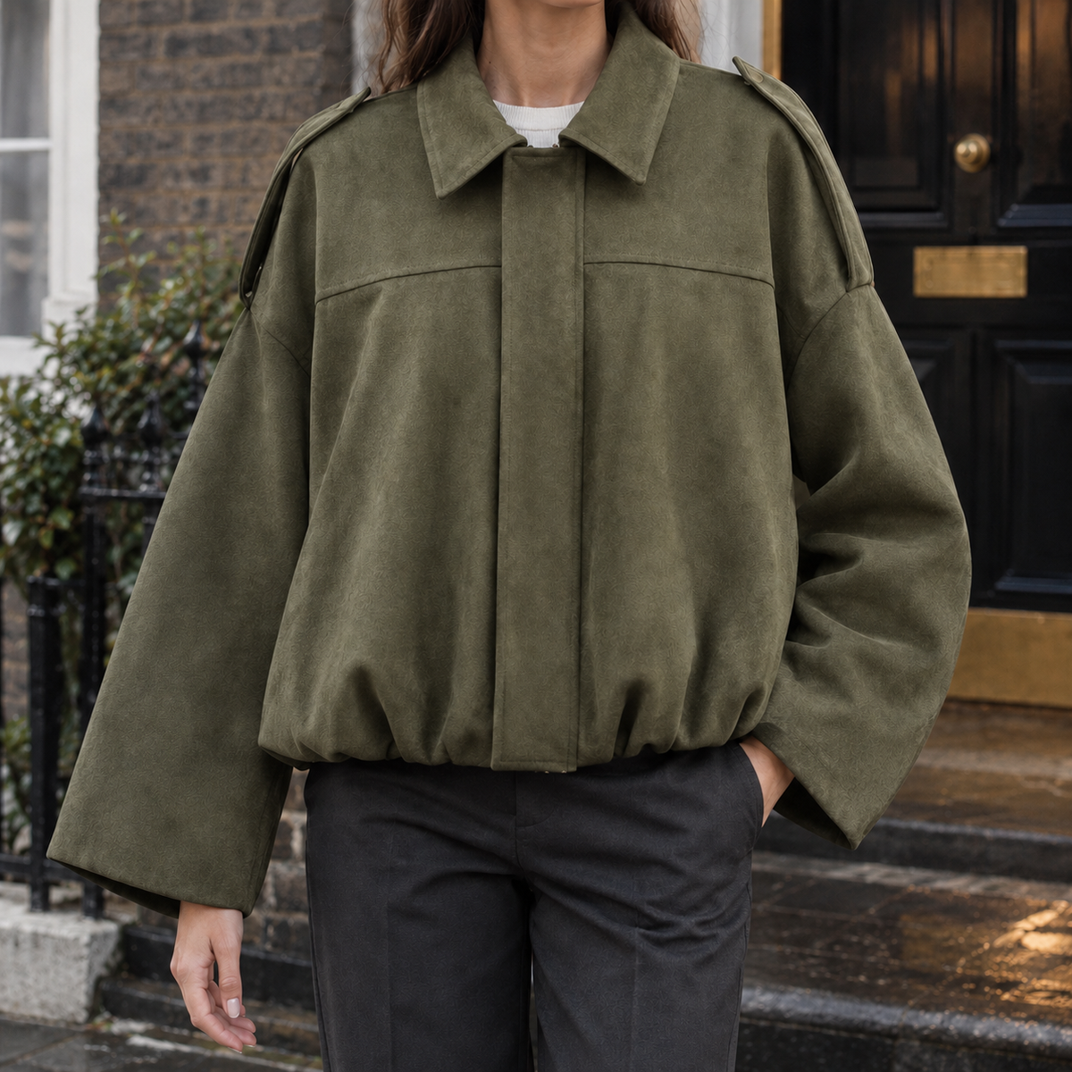 Jacket Faux Suede Relaxed Batwing with Epaulettes and Gathered Hem