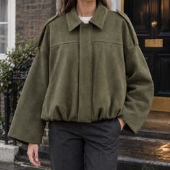 Jacket Faux Suede Relaxed Batwing with Epaulettes and Gathered Hem