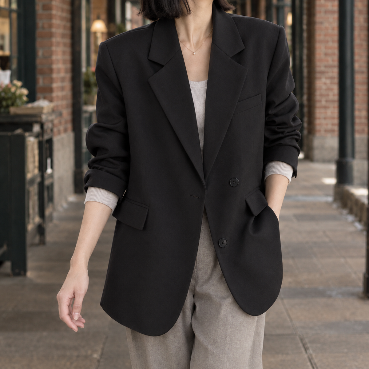 Blazer Polyester Relaxed Hip-Length with Notch Lapels, Offset Buttons