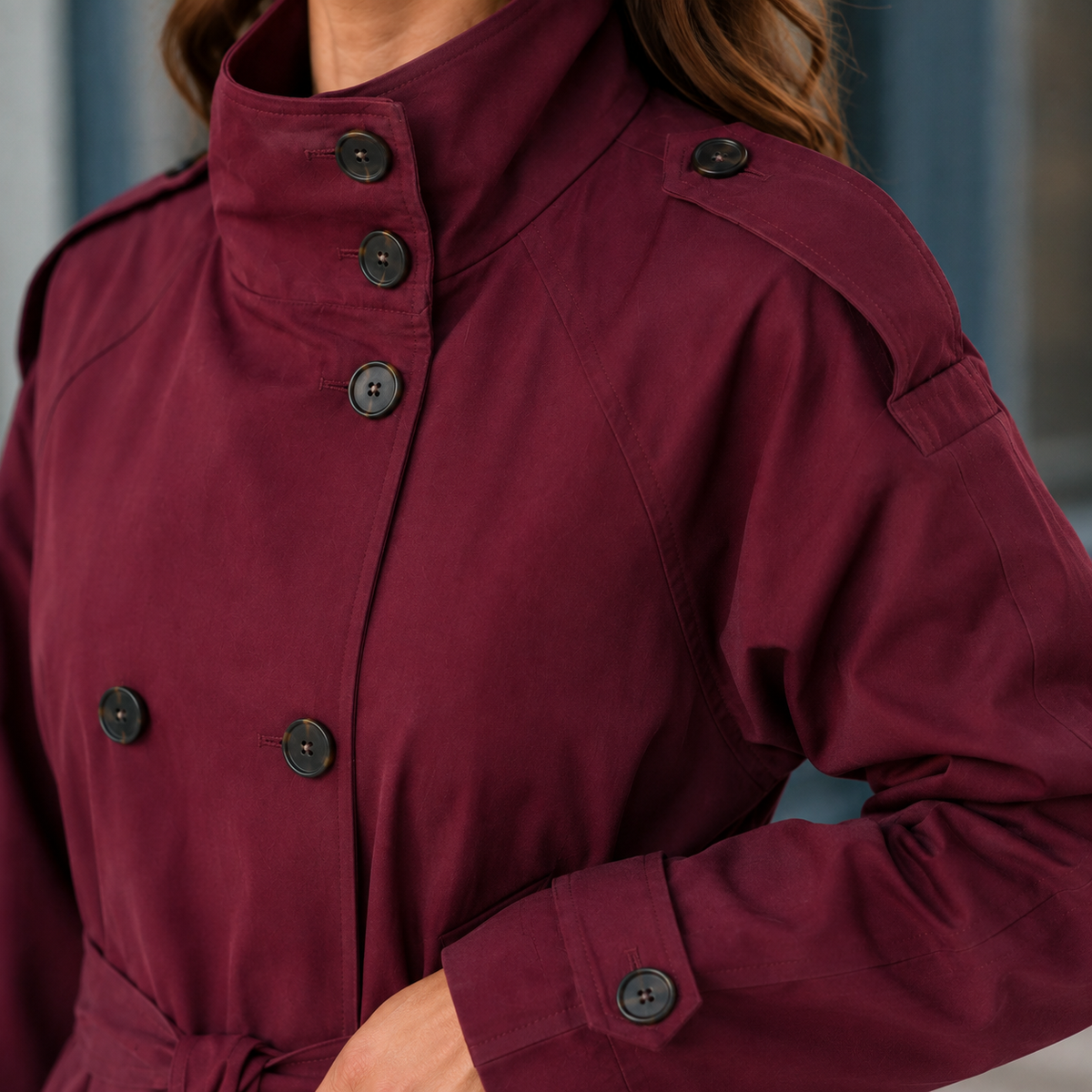 Trench Jacket Polyester Cropped with Funnel Neck and Tie Waist