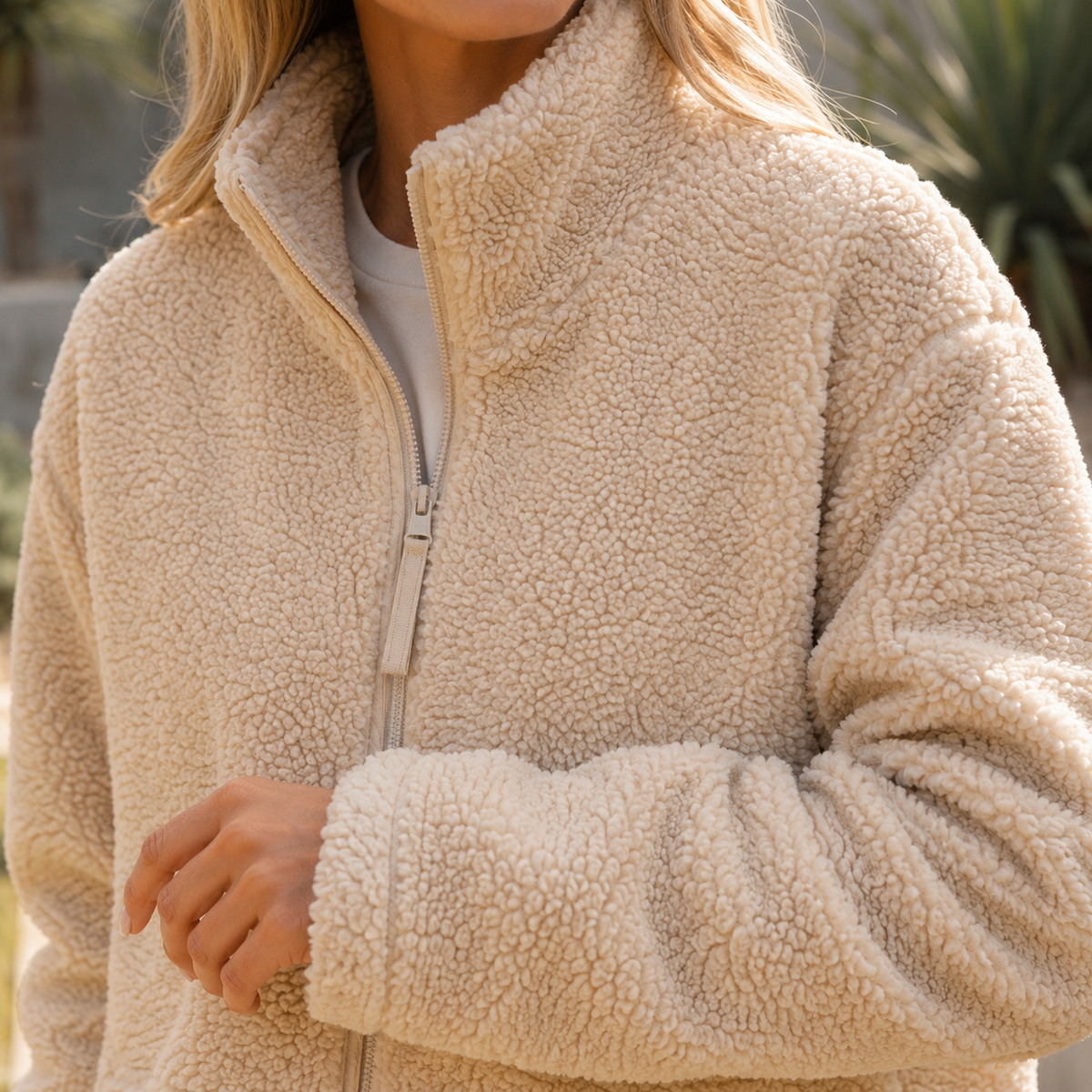 Teddy Jacket Polyester Plush Oversized with Full Zip and Patch Pockets