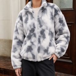 Zip Jacket Polyester Plush Textured Loose with High Stand Collar