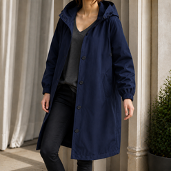 Hooded Overcoat Polyester Sweeping Longline with Angled Pockets