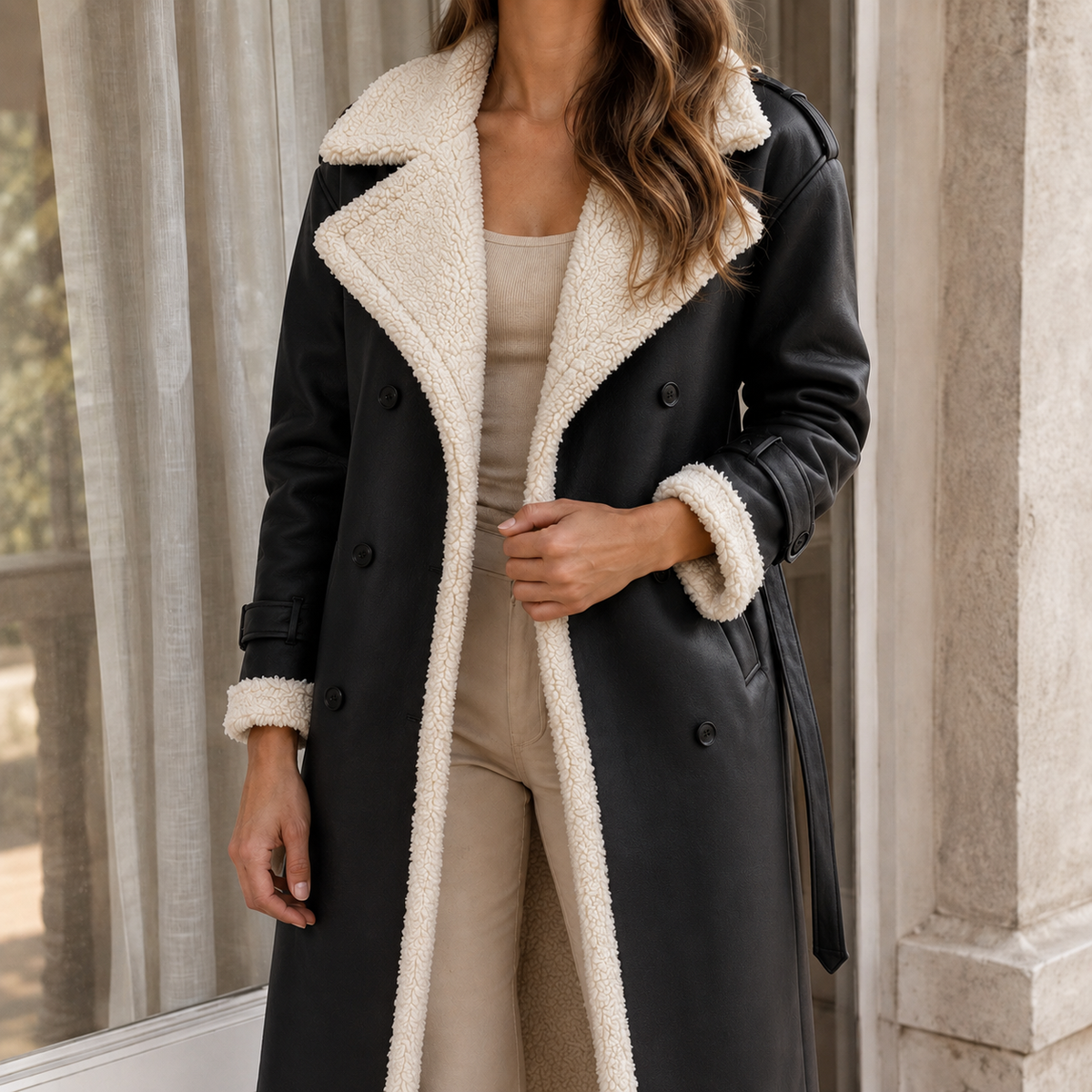 Coat Faux Leather Longline with Faux Shearling Trim and Matching Belt