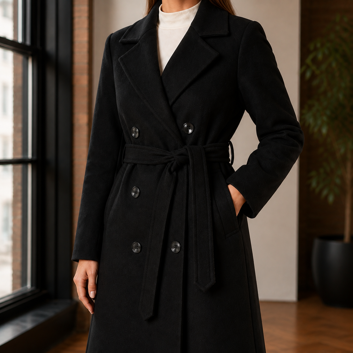 Overcoat Polyester Double-Breasted Midi with Self-Tie Waist Belt