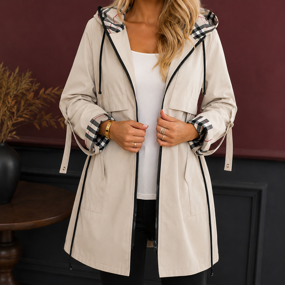 Hooded Coat Polyester with Zip Front and Plaid-Lined Hood