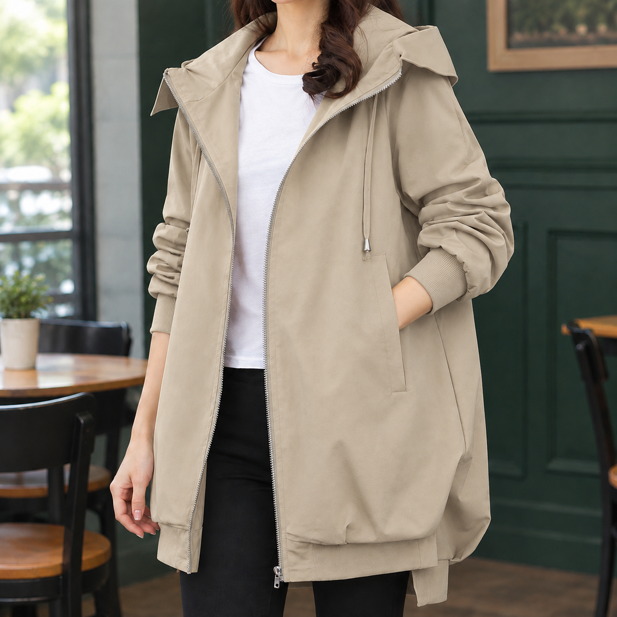 Hooded Jacket Polyester Relaxed Mid-Length with Full Zip and Drawcord