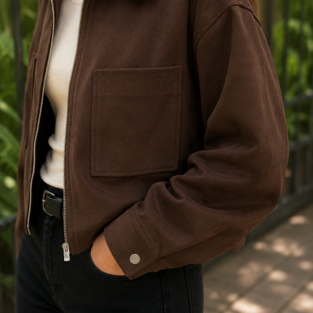 Utility Jacket Polyester Cropped with Zip Front and Chest Pockets