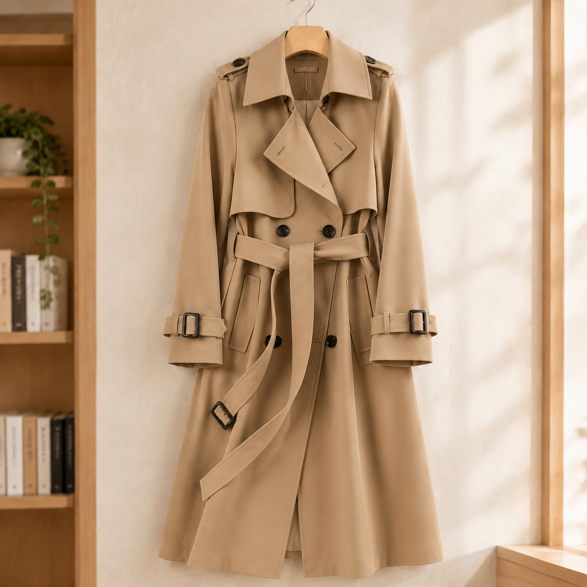 Trench Jacket Cotton Blend Belted Longline with Wide Notched Lapels