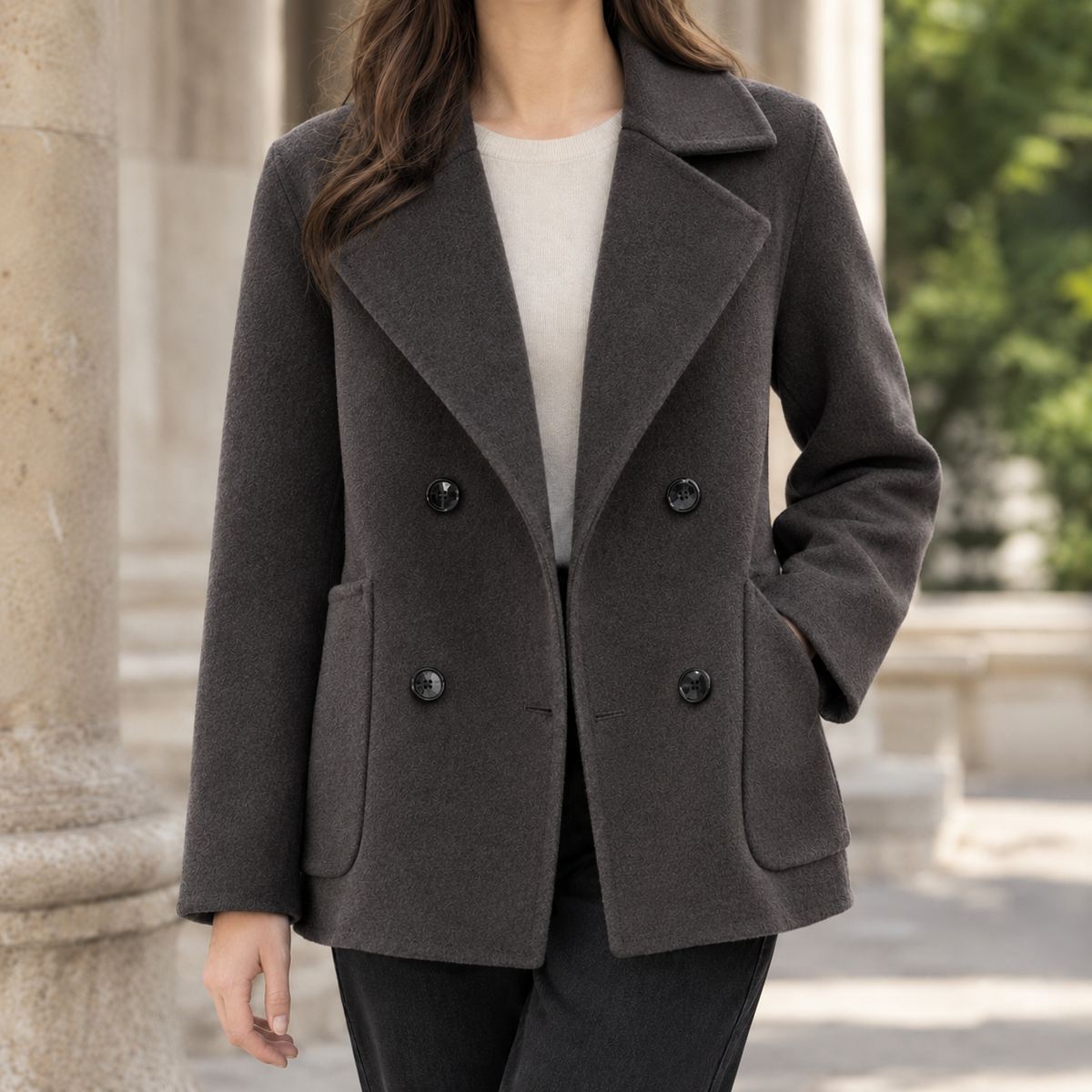 Jacket Polyester Double-Breasted Short Relaxed with Patch Pockets
