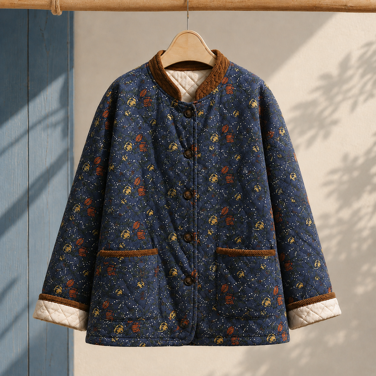 Jacket Cotton-Linen Blend Floral Print with Diamond Quilting