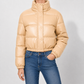 Puffer Jacket Faux Leather Cropped with Funnel Collar and Quilting