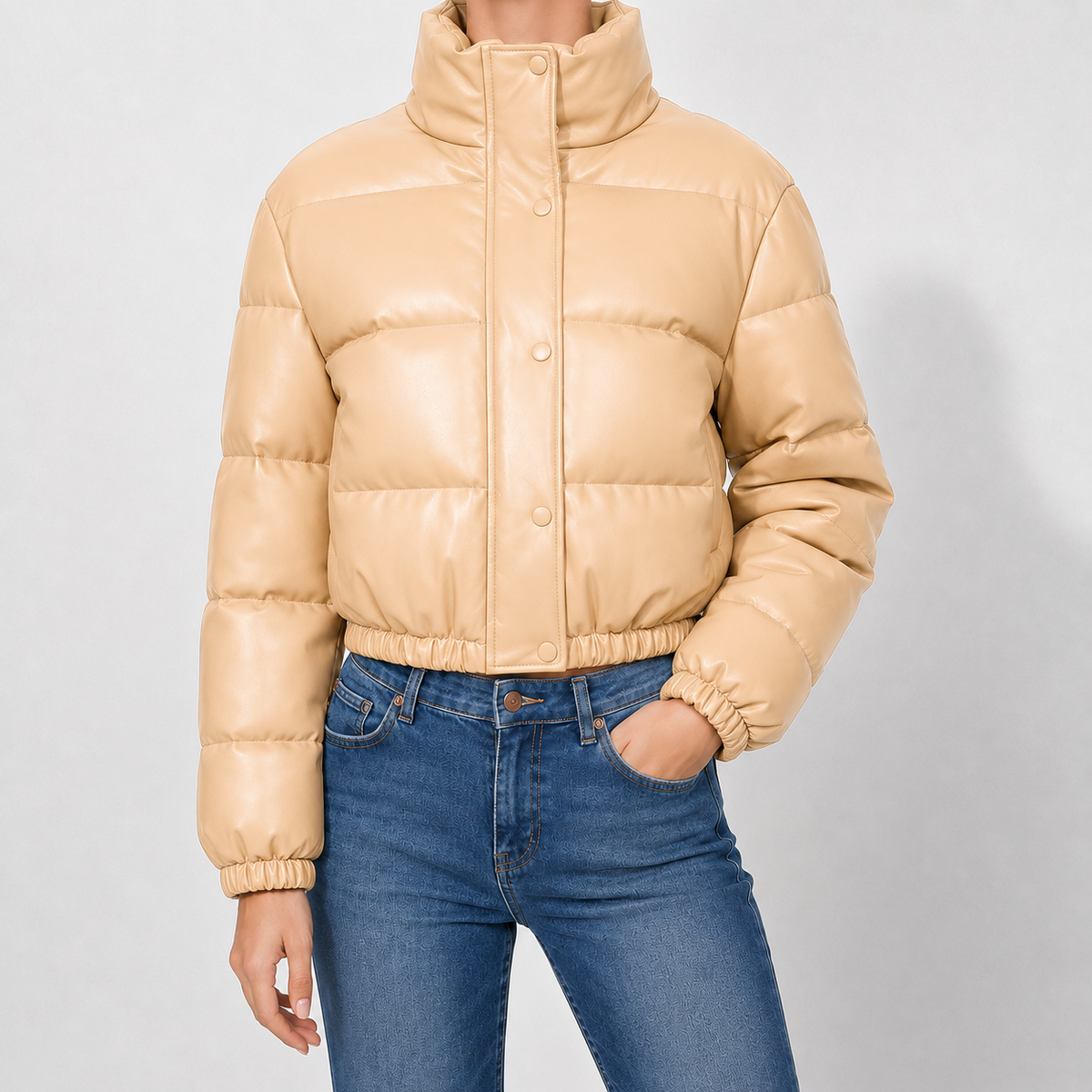 Puffer Jacket Faux Leather Cropped with Funnel Collar and Quilting