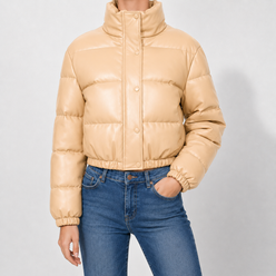 Puffer Jacket Faux Leather Cropped with Funnel Collar and Quilting