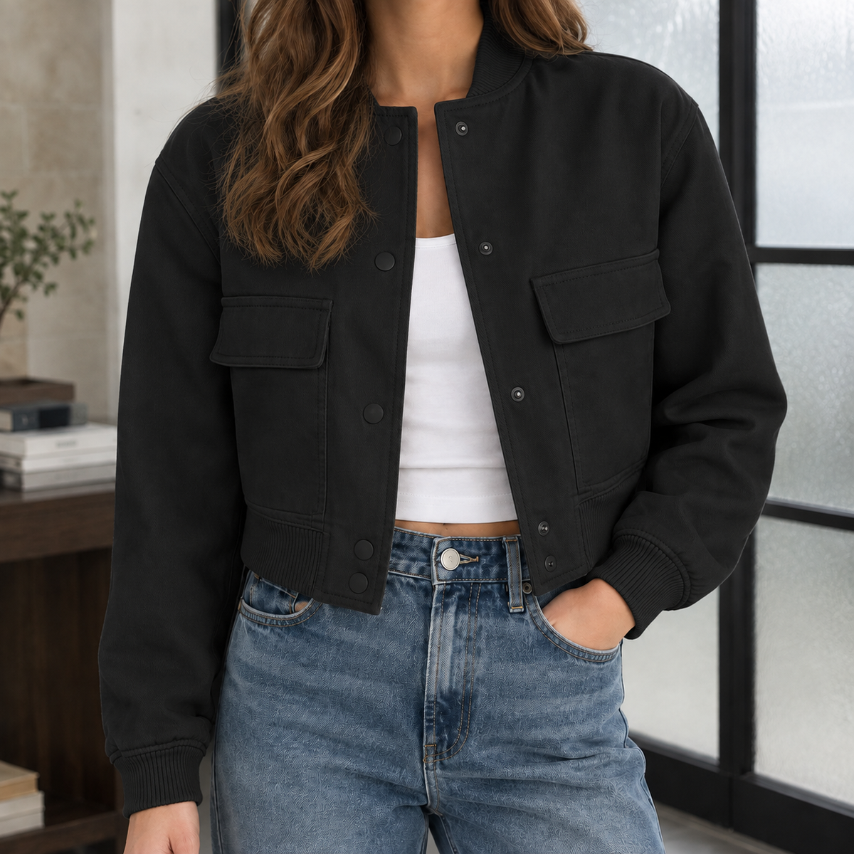Cropped Utility Jacket Polyester with Ribbed Collar and Chest Pockets