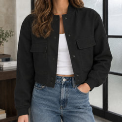 Cropped Utility Jacket Polyester with Ribbed Collar and Chest Pockets