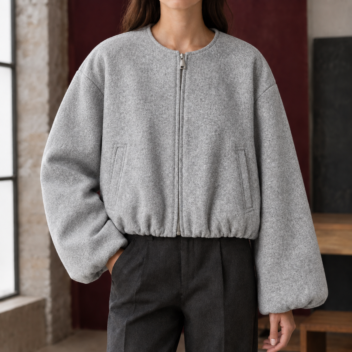 Cropped Jacket Polyester Brushed with Round Neckline and Zip Front