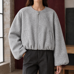 Cropped Jacket Polyester Brushed with Round Neckline and Zip Front