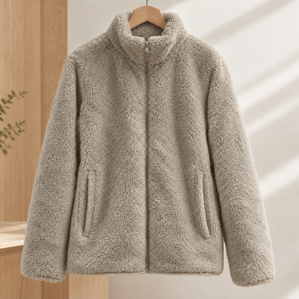 Zip Jacket Polyester Plush Textured with Stand Collar and Hand Pockets