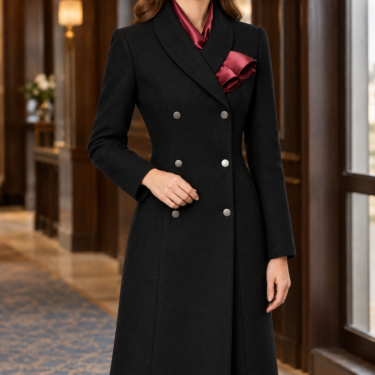 Coat Polyester Double-Breasted Longline with Contrast Neck Scarf