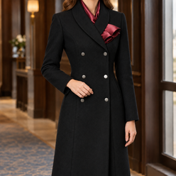 Coat Polyester Double-Breasted Longline with Contrast Neck Scarf