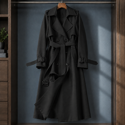 Overcoat Polyester Double-Breasted Long Flared with Buckled Belt