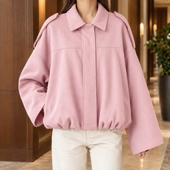Blouson Jacket Faux Suede with Concealed Zip and Gathered Hem