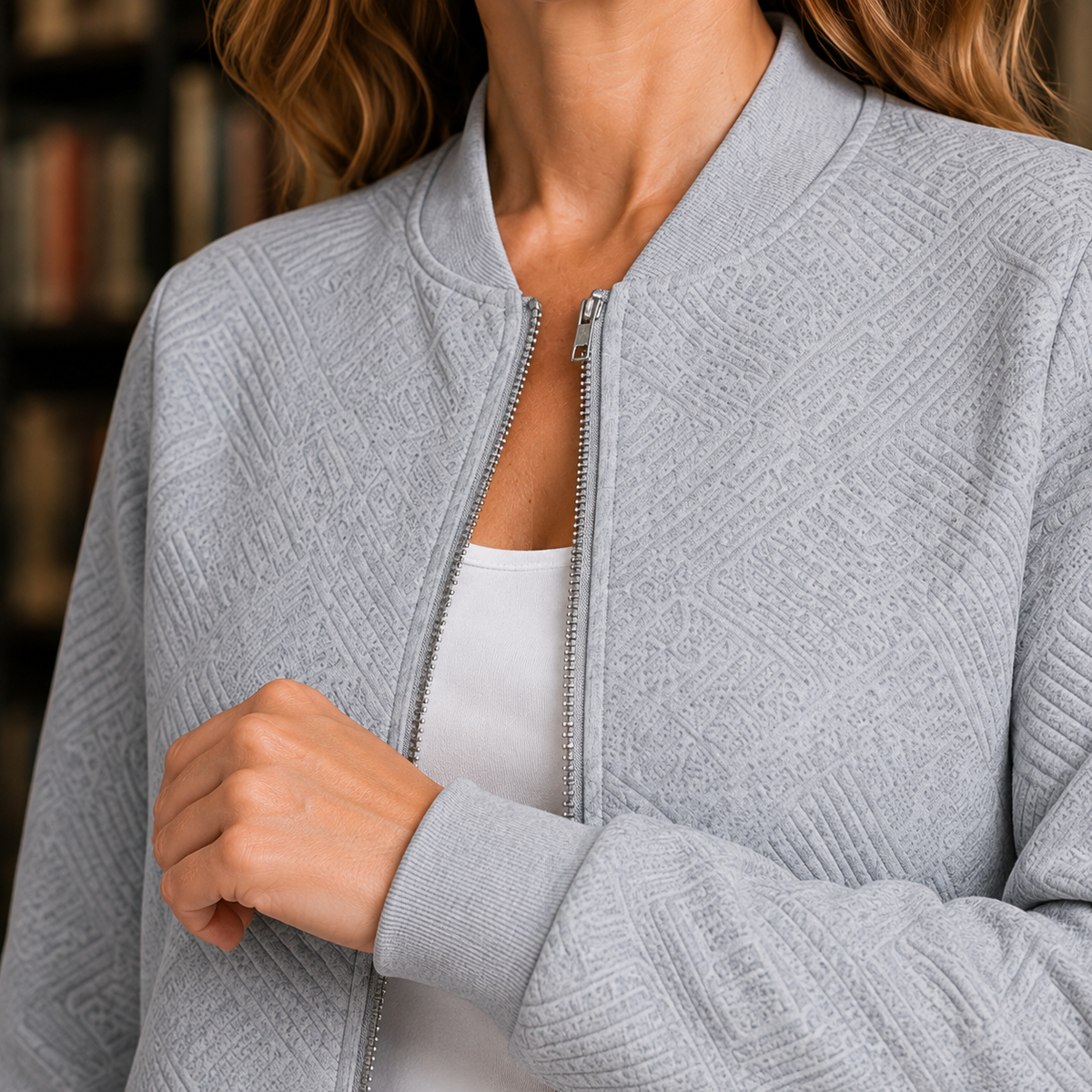Bomber Jacket Polyester with Raised Geometric Texture and Full Zip