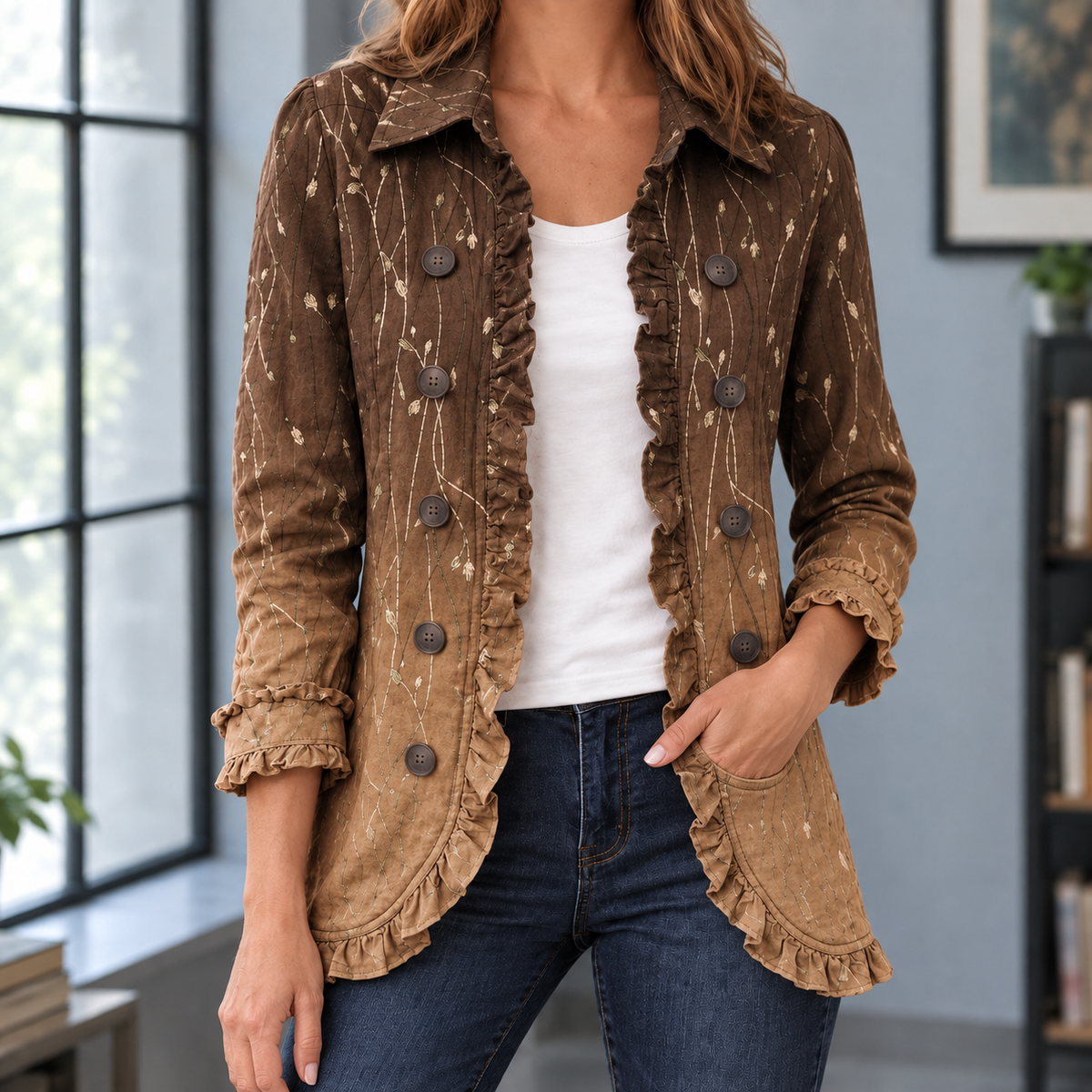 Ruffle Jacket Polyester Hip-Length with Turn-Down Collar