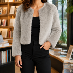 Jacket Polyester Plush Textured Cropped with Collarless Open Front