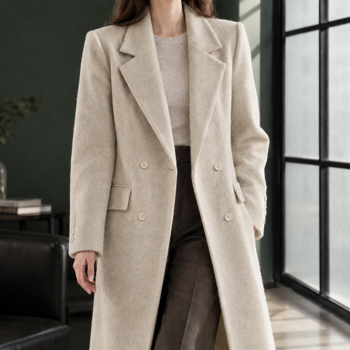 Coat Wool Blend Double-Breasted Long Straight with Wide Lapels