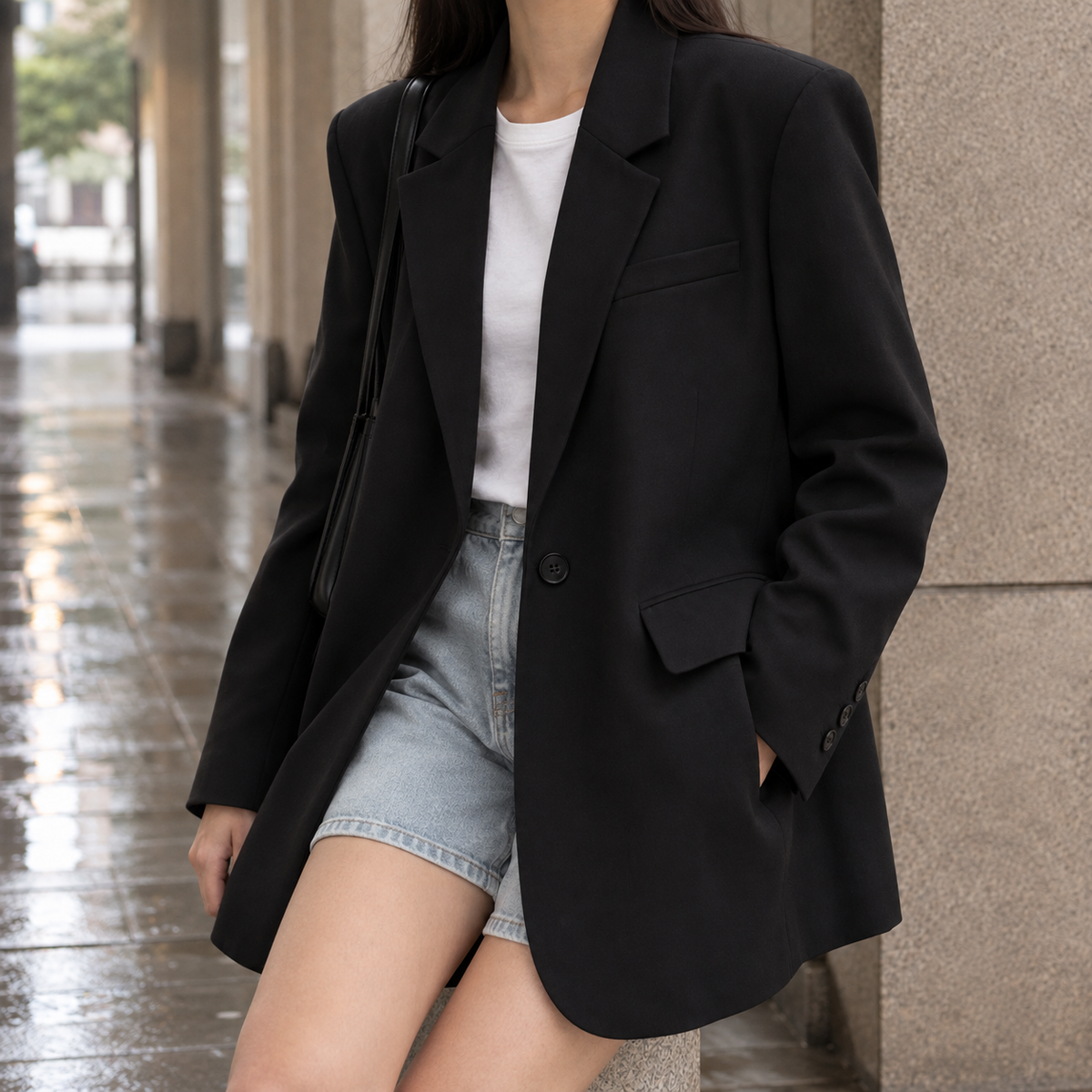 Blazer Polyester Relaxed Longline with Notched Lapels, Single Button