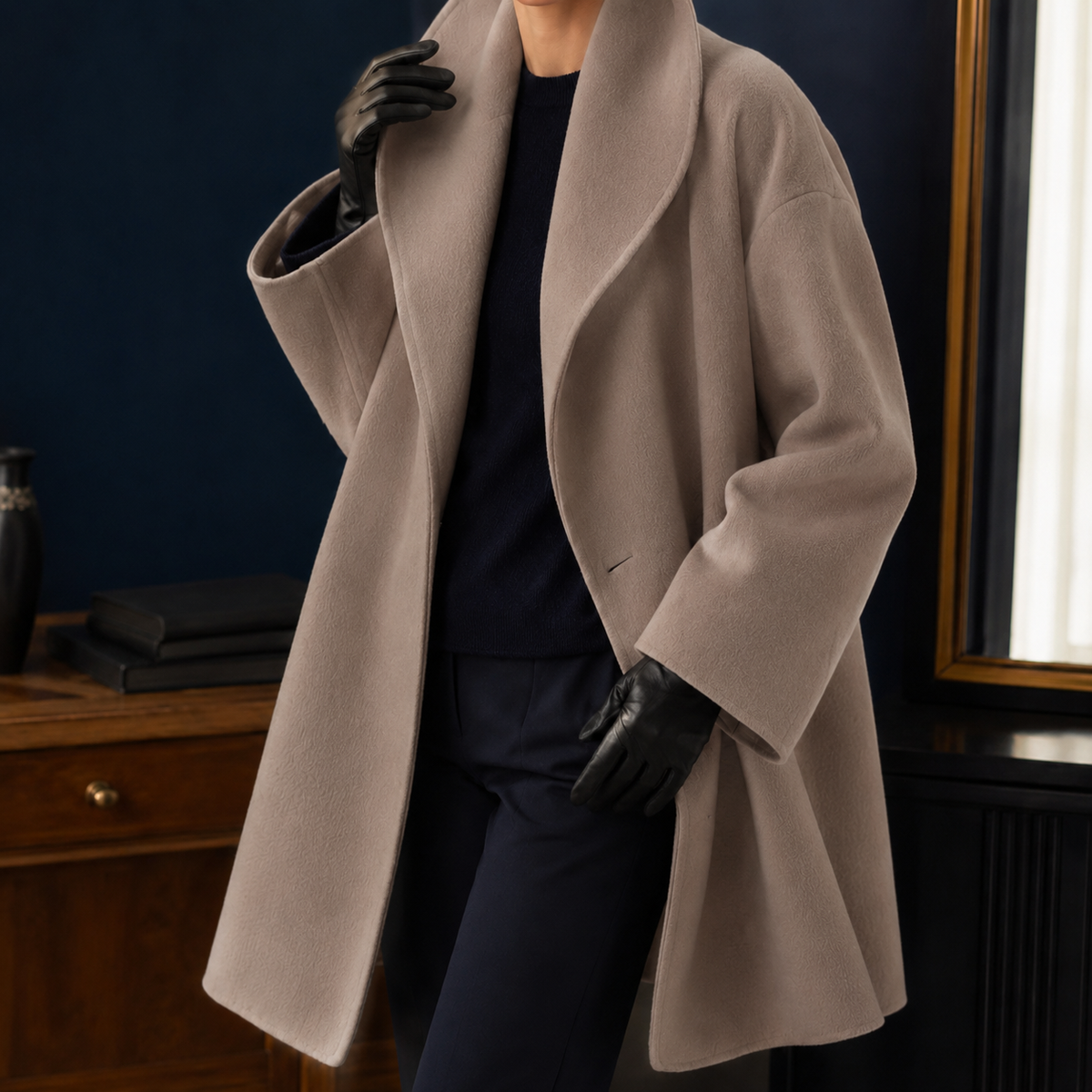 Coat Polyester Oversized Mid-Length with Broad Lapel Collar