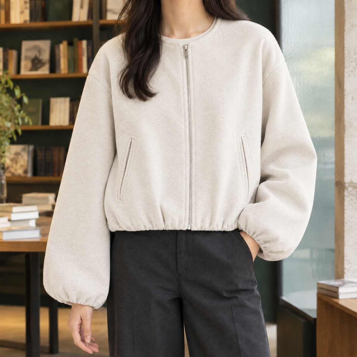 Balloon Sleeve Jacket Polyester Cropped with Round Neck and Full Zip