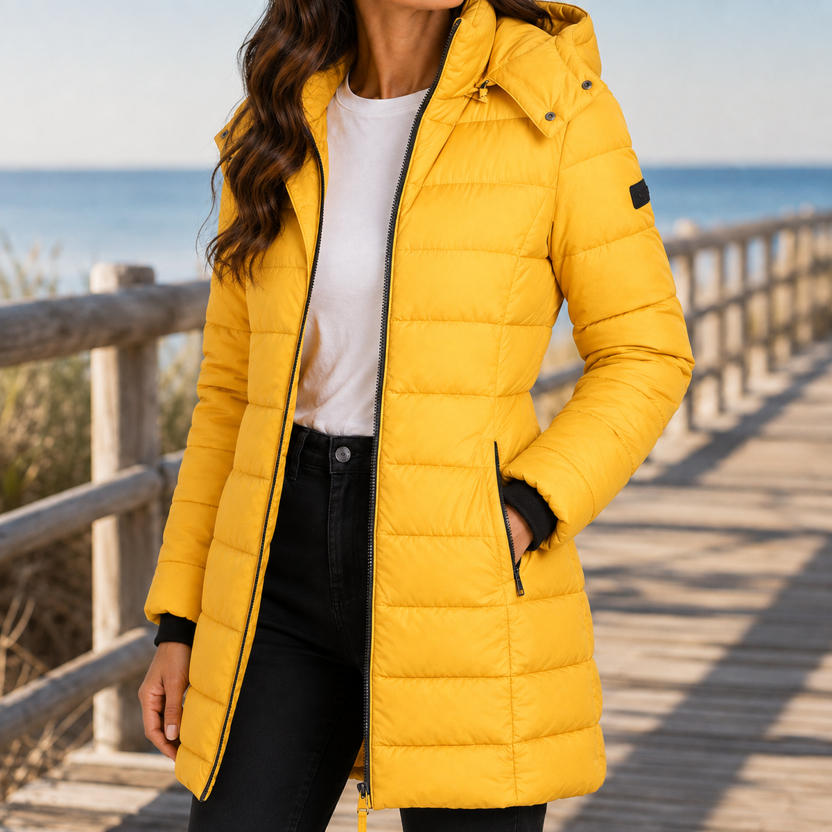 Quilted Jacket Polyester Longline with Hood, Full Zip and Side Pockets