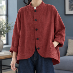 Stand Collar Jacket Cotton Relaxed with Button Front and High-Low Hem