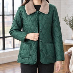 Quilted Jacket Faux Leather with Plush Collar and Patch Pockets