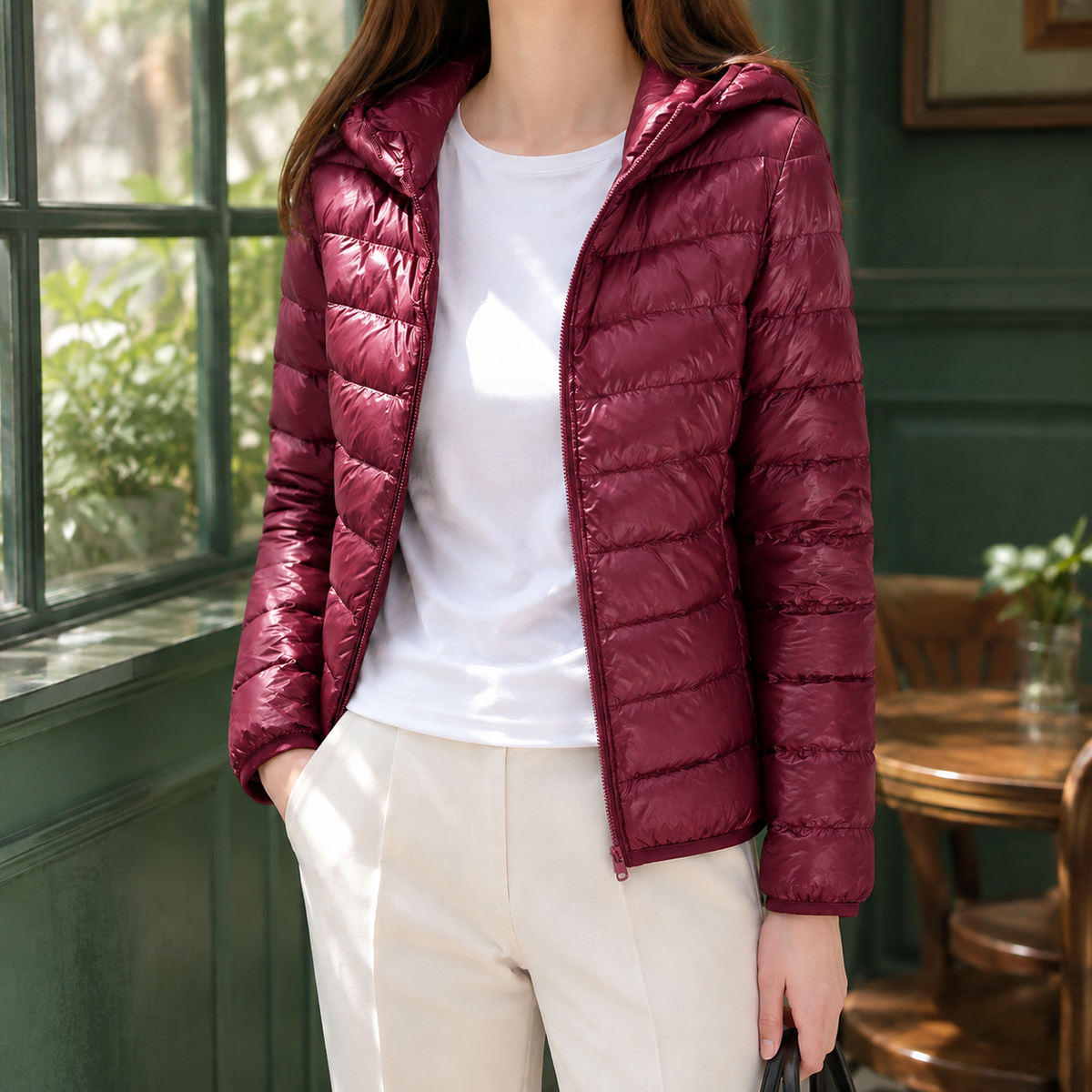 Hooded Jacket Cashmere-Feel Slim with White Duck Down and Full Zip