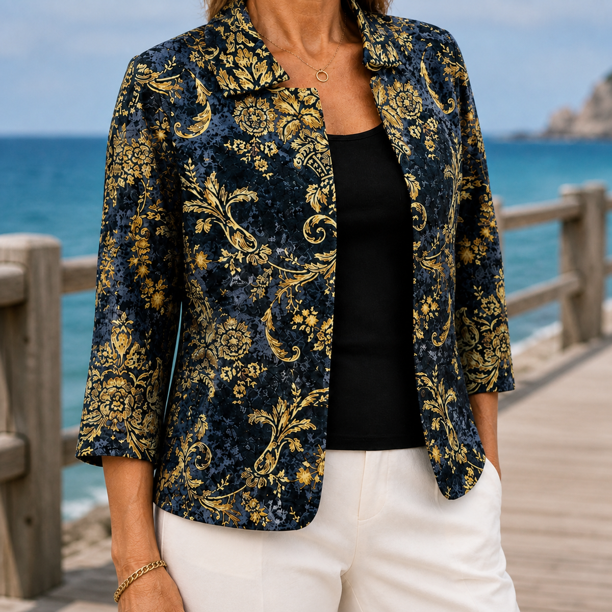 Jacket Polyester Baroque Gold Scrollwork with Open Front