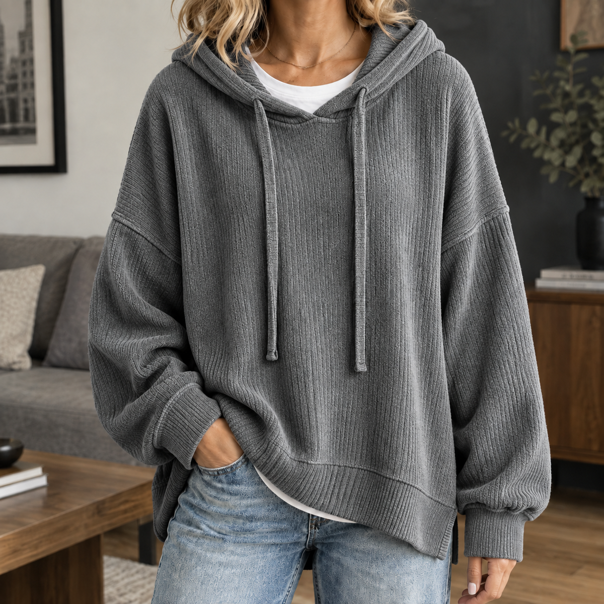 Ribbed Roomy Hoodie with Dropped Shoulders