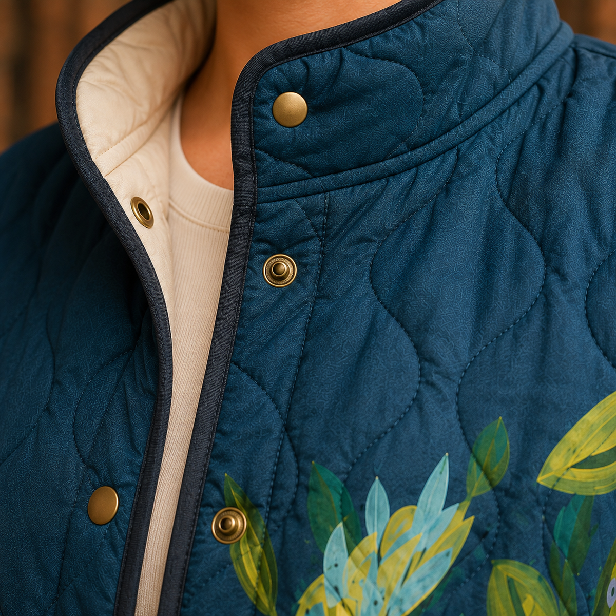 Floral Jacket Polyester Quilted with Stand Collar and Snap Front