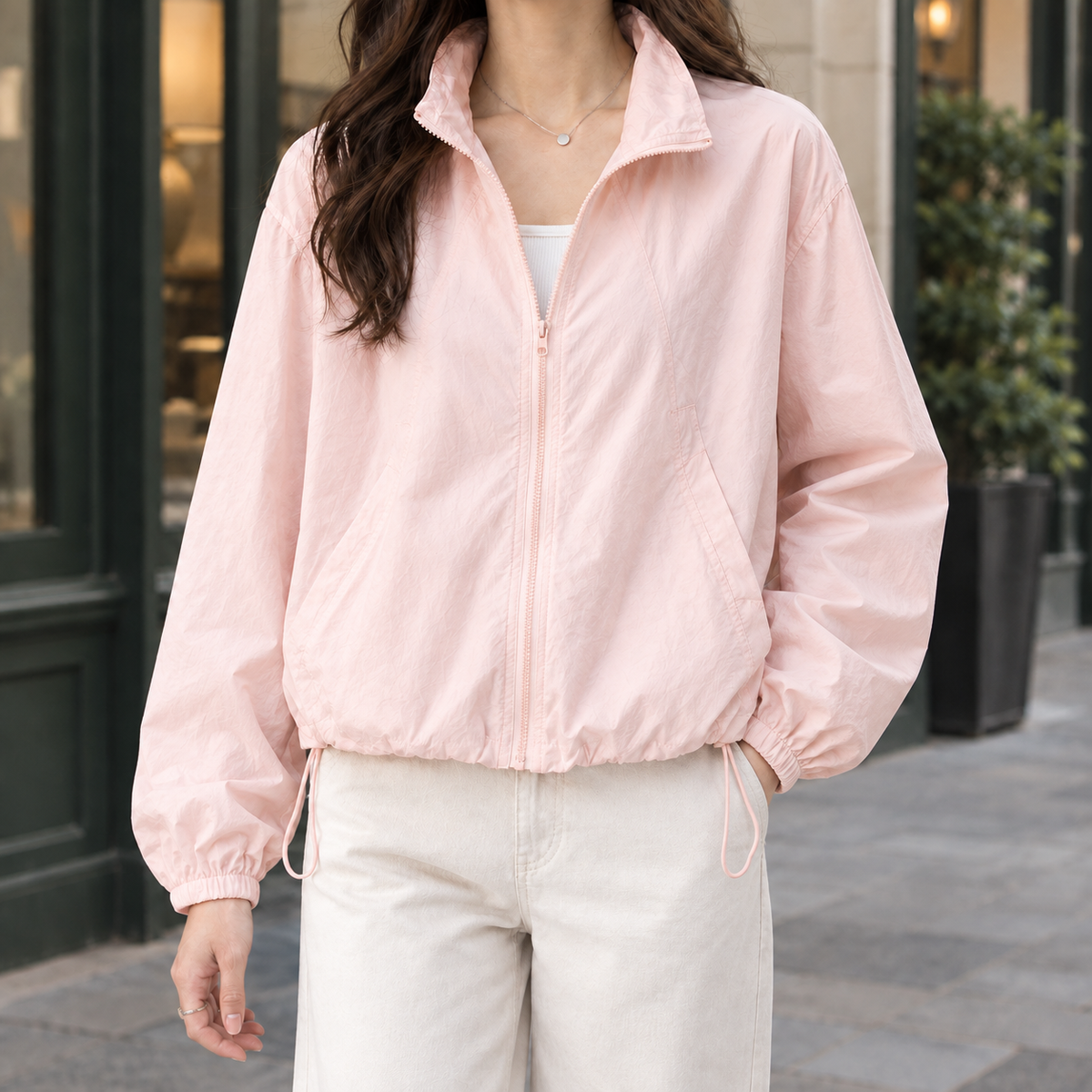 Zip Jacket Polyester Relaxed Short with Drawcord Hem