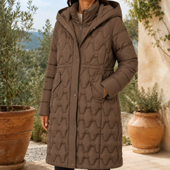 Puffer Jacket Polyester Longline with Geometric Quilting and Hood