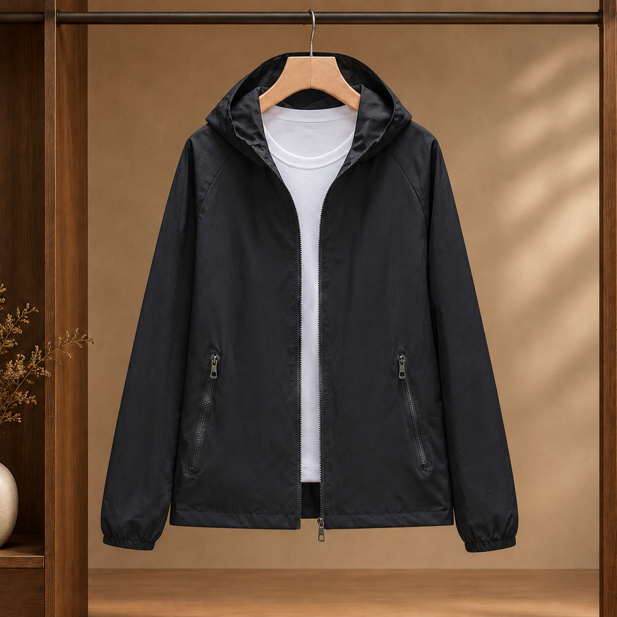 Hooded Jacket Polyester with Full Zip and Two Zipped Pockets