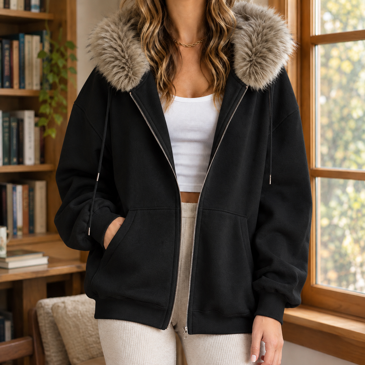 Faux Fur Trim Zip Hoodie