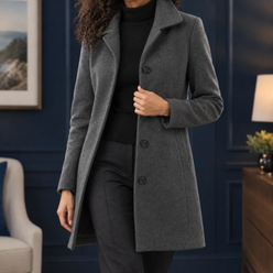 Coat Polyester Mid-Thigh Single-Breasted with Notched Collar