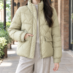 Quilted Jacket Duck Down Waist-Length with Stand Collar, Flap Pockets