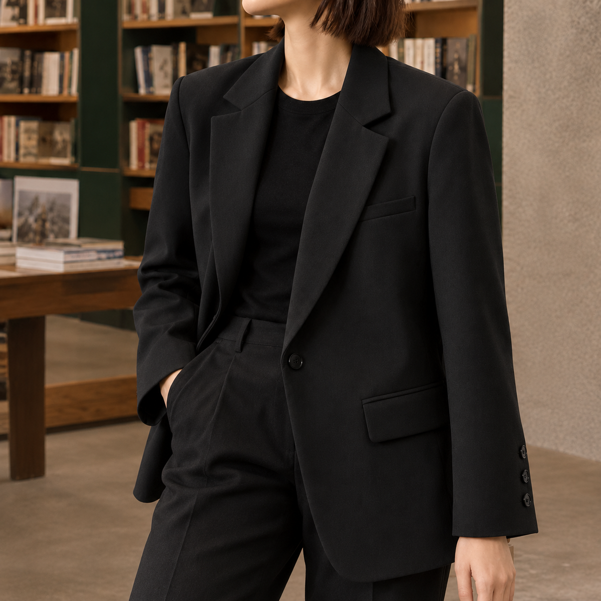 Blazer Polyester Relaxed Tailored with Wide Lapels and Buttoned Cuffs