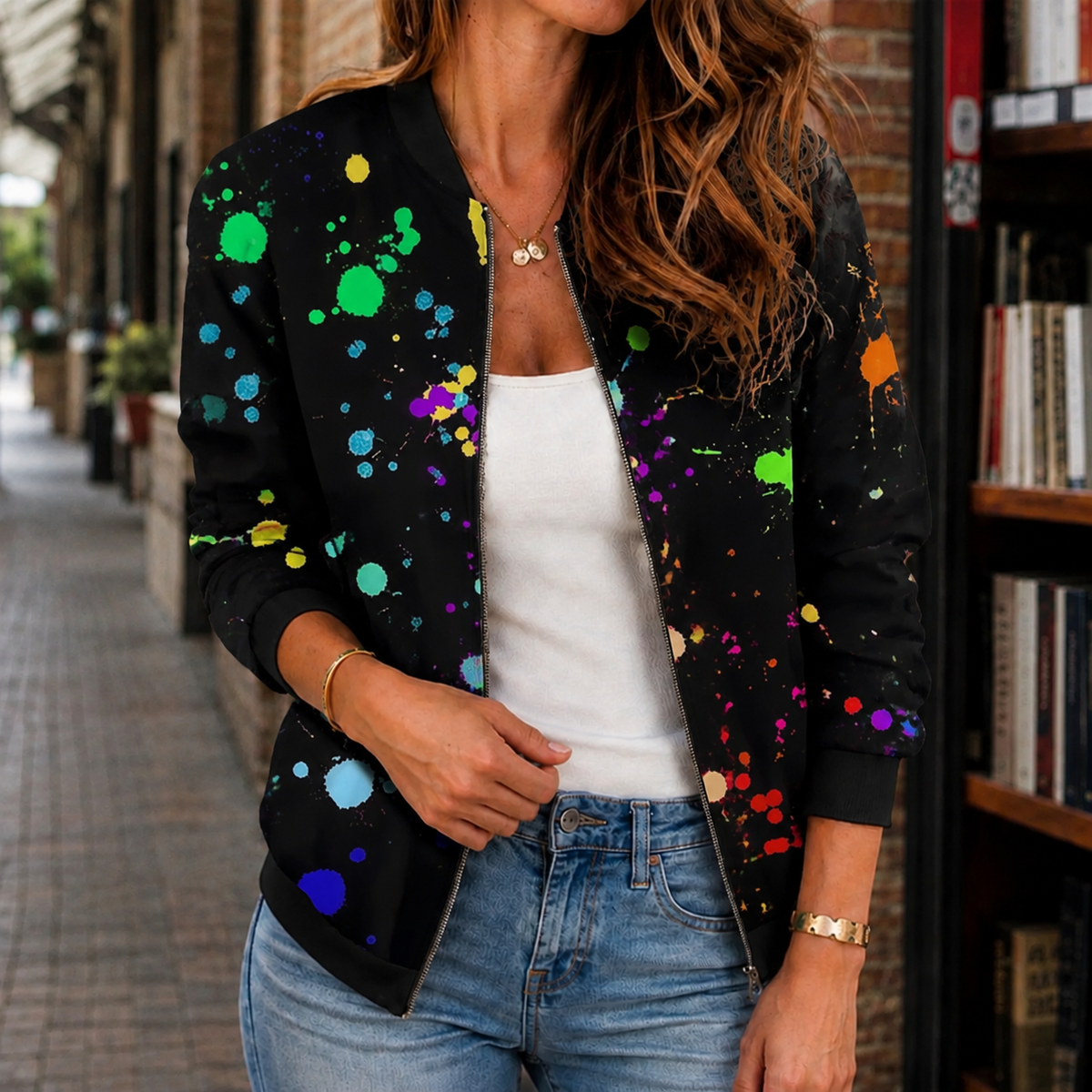 Jacket Polyester Printed Relaxed Hip-Length with Open Zip Front